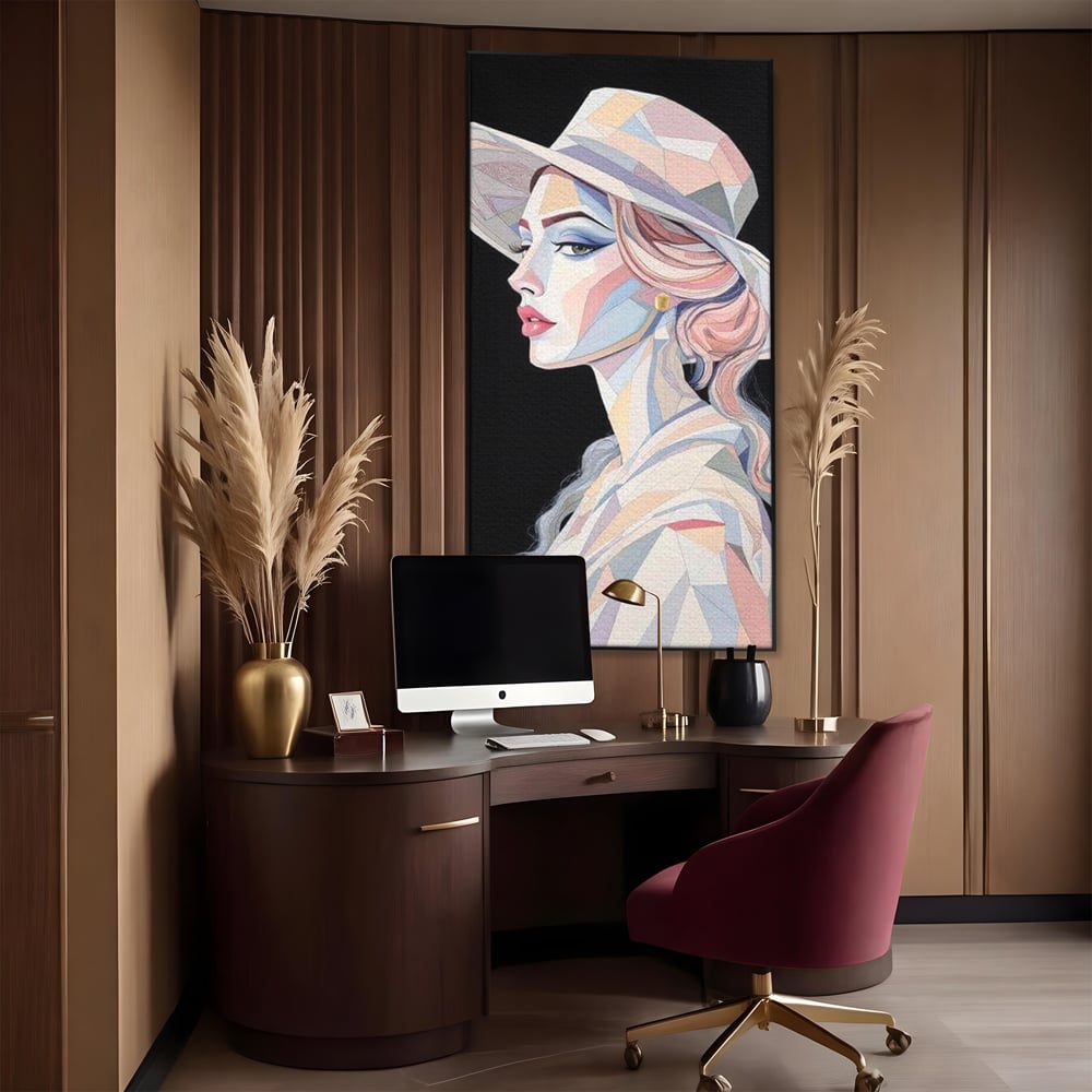 Tablou canvas cu tablou canvas cu femeie in stil cubist, in rama de aluminiu negru, pe perete intr-un birou